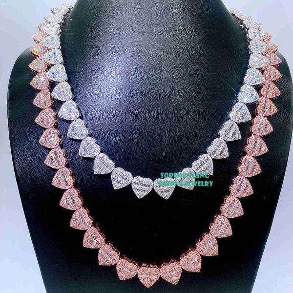 

iced pass diamond tester 18k gold plated heart pendant necklace 13mm baguette moissanite diamond heart tennis necklace, Silver