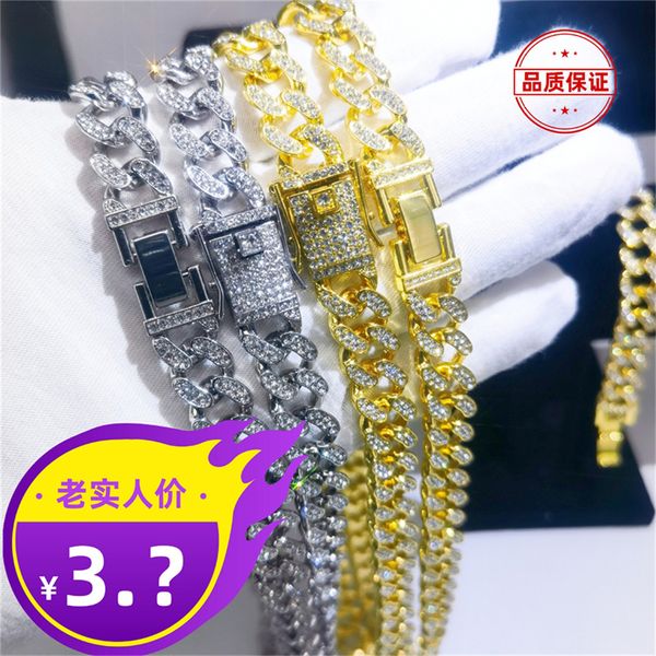 

necklace for mens chain cuban link gold chains iced out jewelry new 13mm round flat bottom water diamond bracelet cuban necklace thick, Black