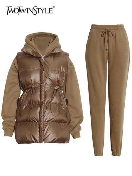 

pants twotwinstyle solid three piece set womens hooded collar sweatshirt turtleneck sleeve cotton vest high waist trousers female sets, White