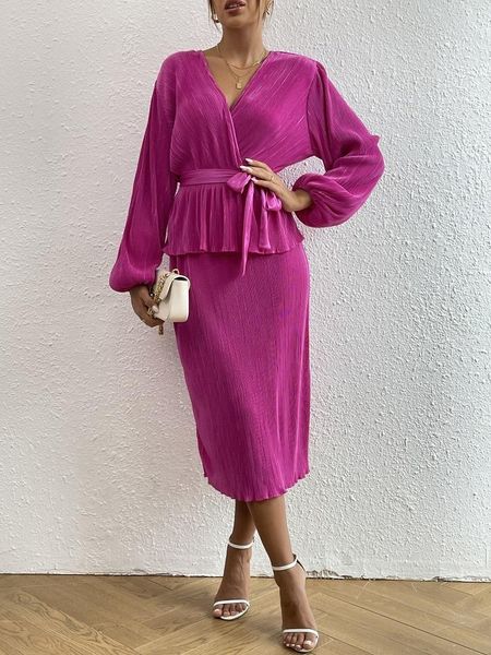 

dress ies two piece set office ladies elegant long sleeve blouse belt high waist pleated female skirt sets outfits, White