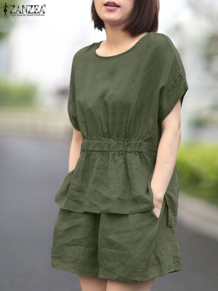 

dress zanzea 2pcs women summer matching sets femme pockets wide leg pant casual elegant outifit short sleeve oneck solid color blouse, White