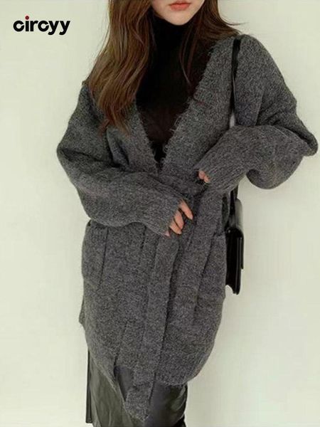 

sweaters circyy cardigan women sweater long knitted lace up lady clothes spring autumn soft casual warm loose coat 2022 korean fashion, White;black