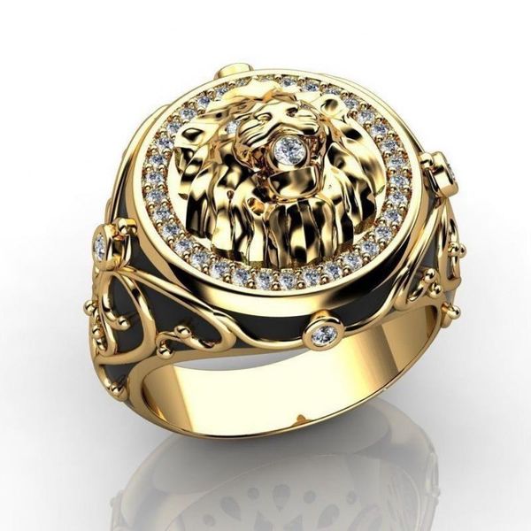 

solitaire ring hoyon 18k gold color full diamond zircon lion ring for men's wedding punk style engagement ring for men's retro wom, Golden;silver