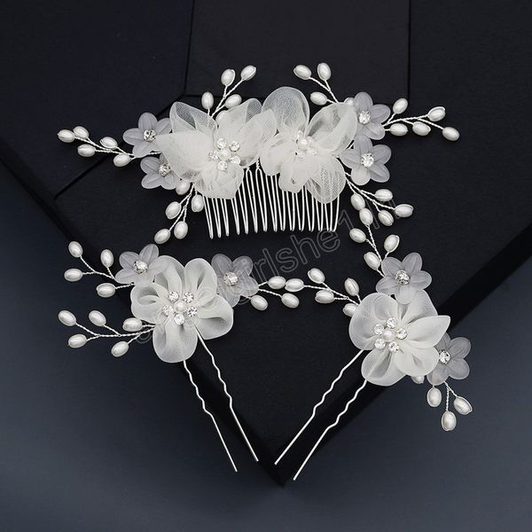 

3pcs/set elegant bridal pearl hair comb handmade flower u-shaped hairpin women wedding bride hair pins hair jewelry accessories, Slivery;white
