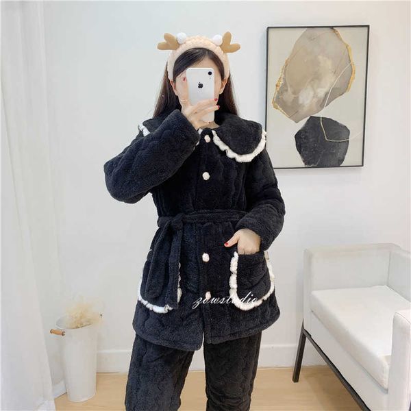 

women's winter cotton pajama set three-layer flannel black small coral velvet home suit