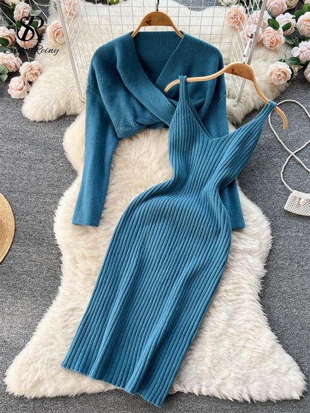 

pants singreiny autumn fashion sweater two pieces suits female shawl cashmere v neck slim camis dress solid party knitted sets, White