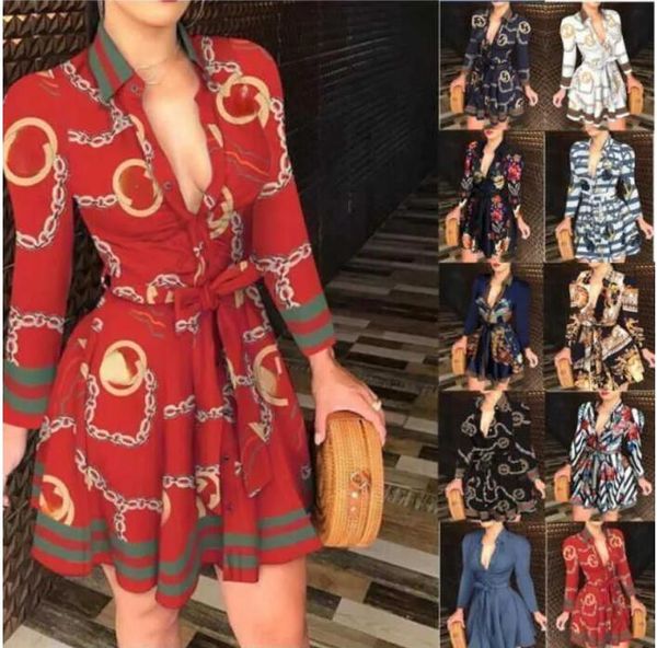 

casual dresses women lace up button down chain printed lapel neck party dress bandage shirt dress designer clothes, Black;gray