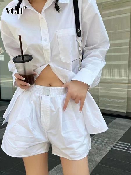 

dress vgh casual two piece set for women lapel long sleeve single breasted shirts high waist short pants female 2022 clothing fashion, White