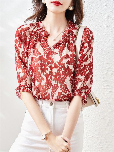 

t-shirt woman summer style blouses girls short lantern sleeve stand collar flower printed blusas df4530, White
