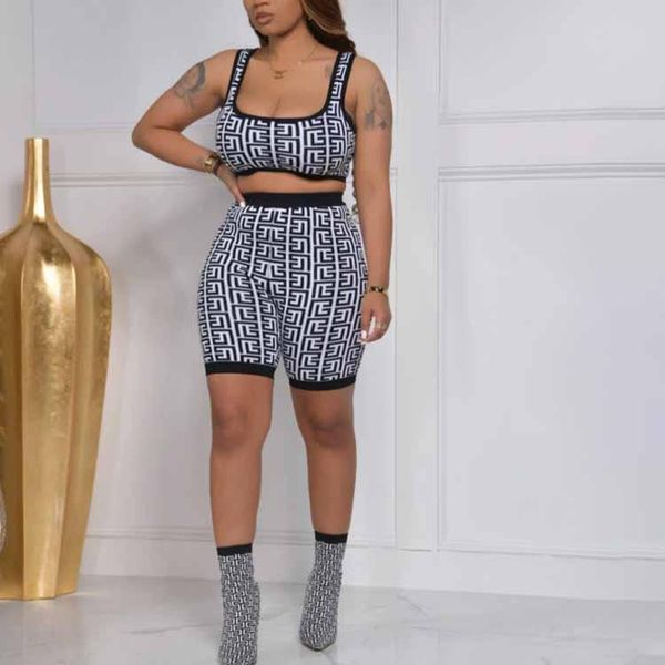 

dress ewsfv 2022 summer women new fashion casual skinny nadruk geometryczny kamizelka + spodenki zestaw damski, White