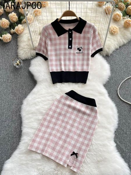 

dress harajpoo sweet 2 piece set women korean style short sleeved plaid knitted sweater highwaisted skirt summer girl suit, White