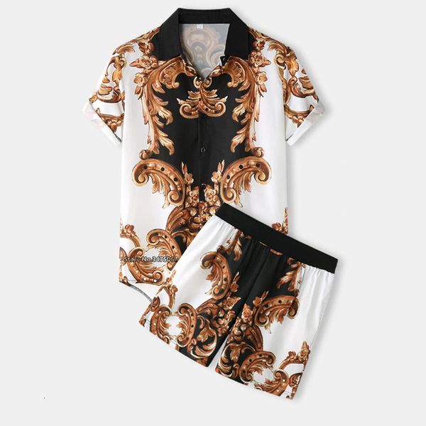 

mens tracksuits mens luxury baroque print shirts and shorts 2 pieces outfits casual short sleeve hawaiian shirt suits conjuntos curtos 23041, Gray