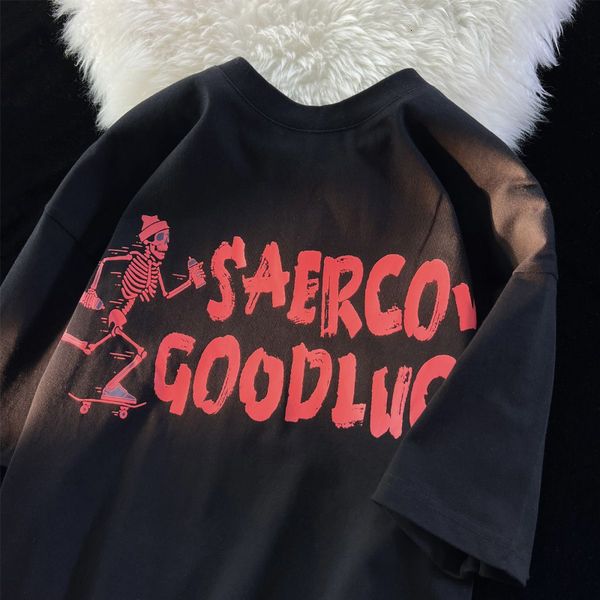 

womens tshirt round neck skull print tshirt men and women summer cotton loose fashion shortsleeved harajuku retro letter roundb 230419, White