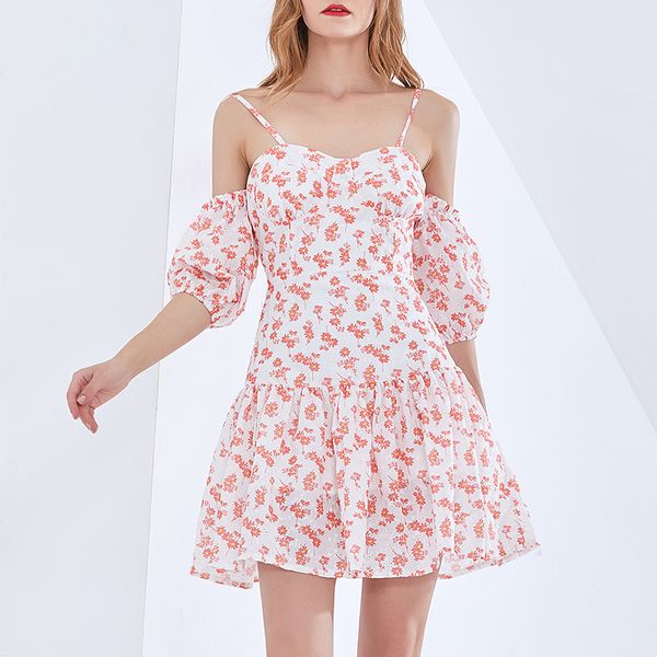 

2023 new dress fashion off shoulder printed short skirt caution machine hanging strap printed a-line dress, Black;gray