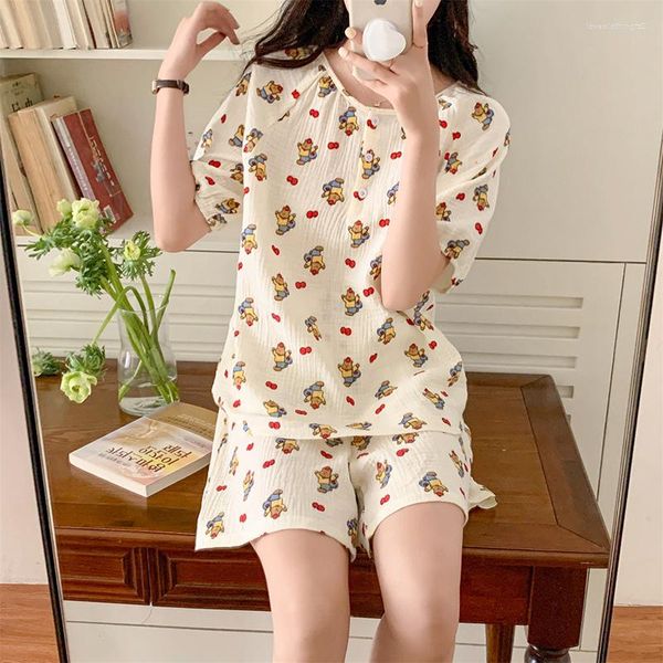 

women's sleepwear bear soft cartoon print loose short sleeve shorts pajamas set women home kawaii comfortable vacation two piece, Black;red