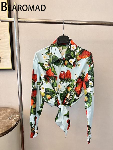 

shirts bearomadcamisa con estampado de fresa para mujer camisa ajustada recta de una sola botonadura con cuello vuelto moda de verano, White