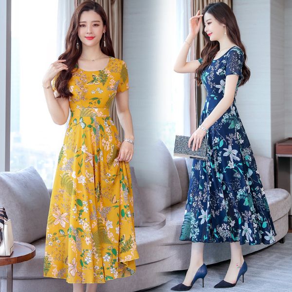 

casual dresses summer korean dress women's casual short sleeve temperament large yellow red flower round neck dress 230419, Black;gray