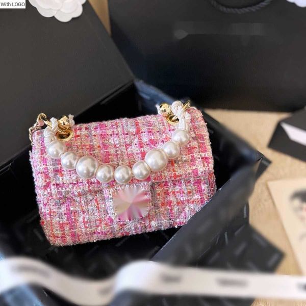 

evening bags luxury brand design letter shoulder chain cc bag small fragrant wind flower tweed knitted commuter fashion sweet lovely pearl c, White