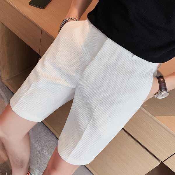 

men's shorts bermuda masculina fashion waffle summer solid suit shorts men clothing knee length slim fit casual office short homme 36-2, White;black