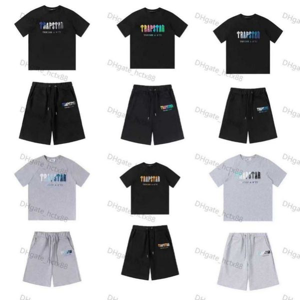 

22fw trapstar high street tracksuits summer men's t shirt short sleeve outfit tracksuit black cotton towel embroidery letter streetwear, Gray