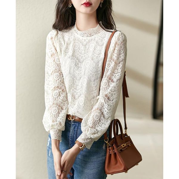 

t-shirt vimly temperament elegant lace blouse female early autumn 2022 stand collar delicate stylish women blouse loose shirts v3807, White