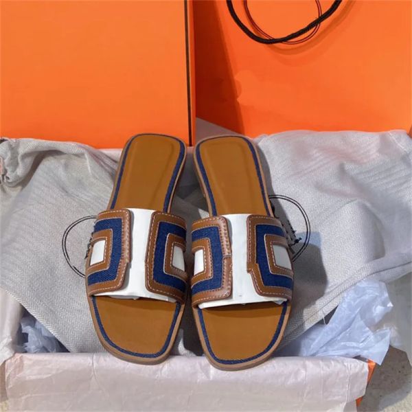 

2023 women designer slippers sandals leather denim falt heel slides designers sandal shoes luxury brand beach flip flops indoor slipper summ, Black