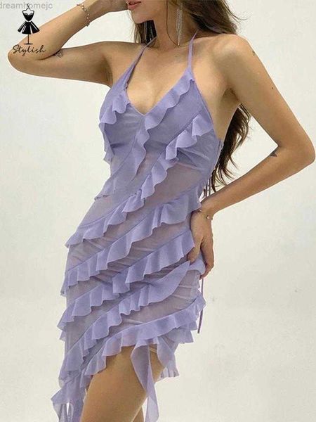 

y2k see through mesh ruffles halter mini dress women slim v-neck irregular tiered dresses summer ladies backless dress 0419, Black;gray