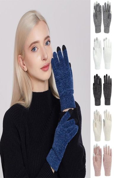 

winter touch screen gloves women warm stretch knit mittens chenille fabric full finger guantes female crochet lucas thicken4855090, Blue;gray
