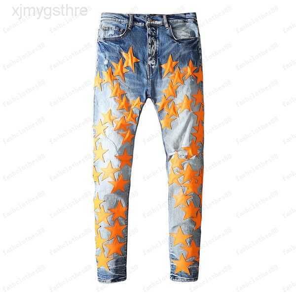 

mens jeans for guys rip slim fit skinny man pants orange star patches wearing biker denim stretch cult motorcycle trendy long straight hip h, Blue
