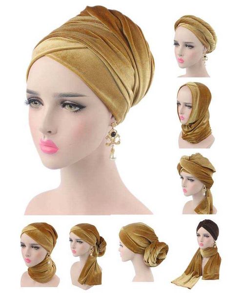 

2pc headbands new luxury pleated velvet magic turban hijab head wrap extra long tube indian headwrap scarf tie y23, Silver