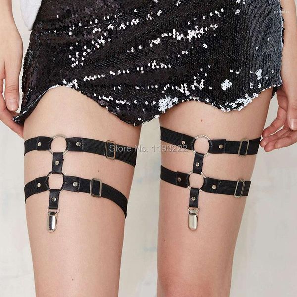 

garters punk dark amo harajuku handmade double o round straps leather elastic leg studded garter belt suspender thigh harness, Black;white