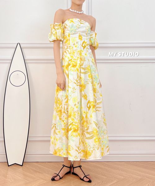 

dress french one shoulder bubble sleeves summer 2023 high end elegance beach holiday style fragmented flower long dress, Black;gray