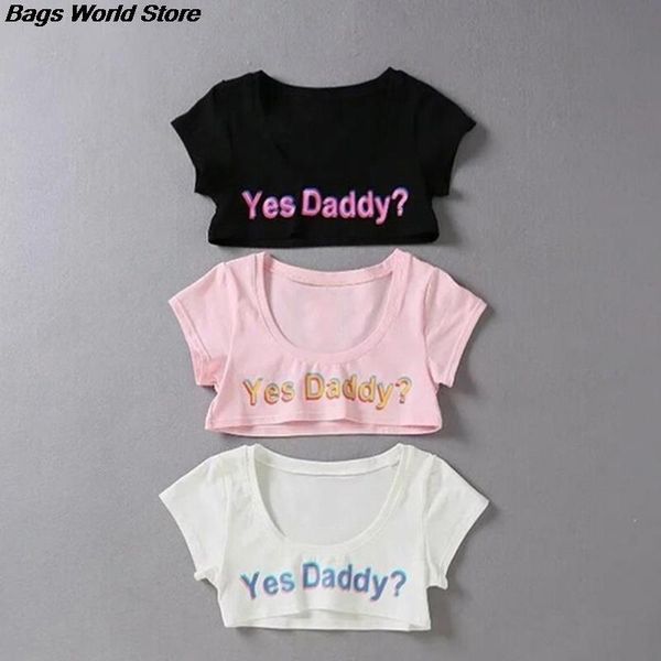 

women's t shirt 1 pc women crop short sleeve cropped shirts summer yes daddy letter print t shirt 230419, White