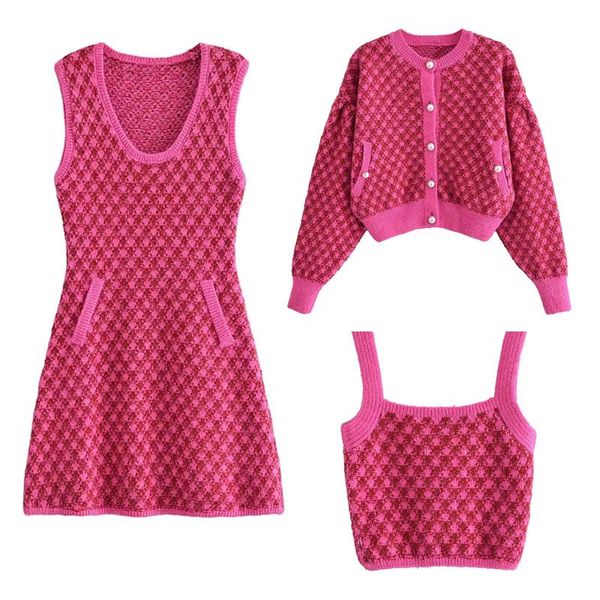 

sweaters xitimeao vrouwen retro plaid print ohals gebreide vest korte vintage trui en korte jarretel overhemd strakke vest mini jurk, White;black