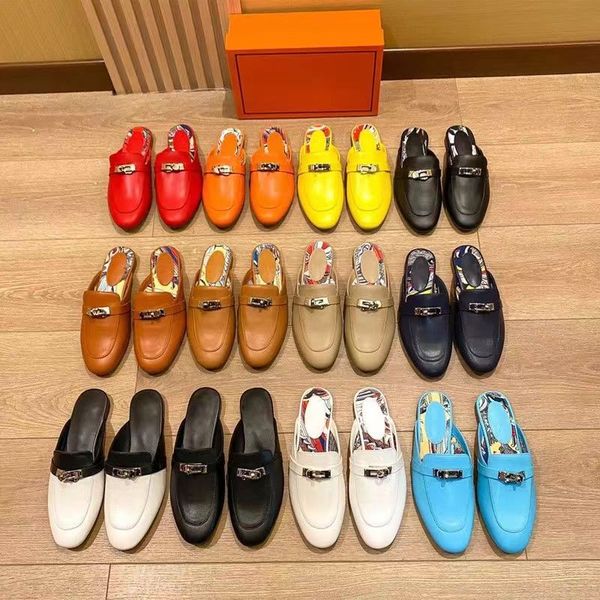 

designer mules slippers women loafers genuine leather sandals luxurious casual shoes horsebit half drag princetown metal chain shoe cowhide, Black