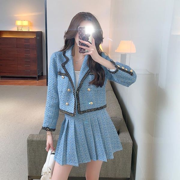 

dress 2022 autumn small fragrance women's fashion temperament plaid tweed two piece set notched neck jacket coat and pleated skirt, White
