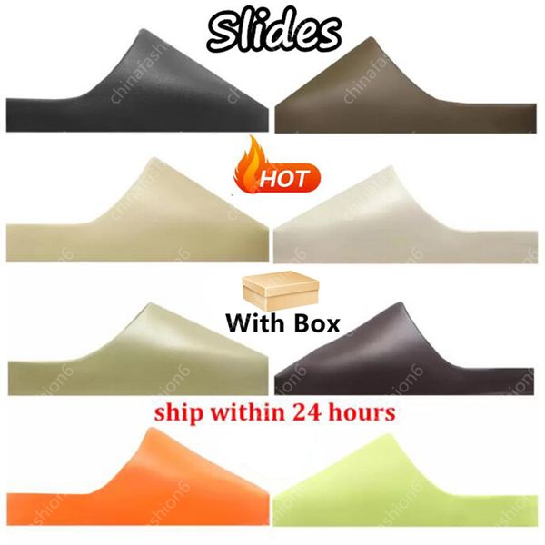 

with box 2023 slides slippers sandals sneakers shoes graffiti bone white resin desert sand rubber summer flat men women designer beach fashi, Black