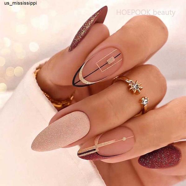 

false nails 24pcs dark red glitter scrub fake nails art reusable removable false nails full coverage waterproof press on nail set decoration, Red;gold