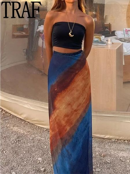 

skirts traf printed tulle long skirt women high waist mesh skirt woman vintage midi y2k skirts womens streetwear holiday outfits 230419, Black