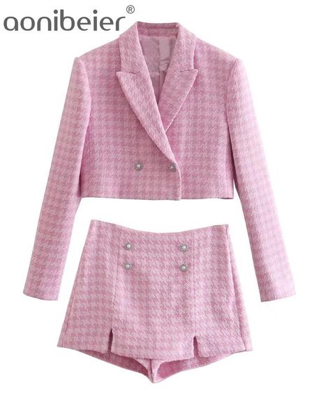 

dress aonibeier 2022 spring women casual traf cropped tweed jacket ornate button houndstooth blazer + skorts shorts 2 piece sets pink, White