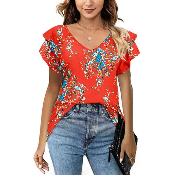 

women's t shirt summer double ruffle sleeve tees female daily casual elegant print v neck pullover loose streetwear cotton 230419, White