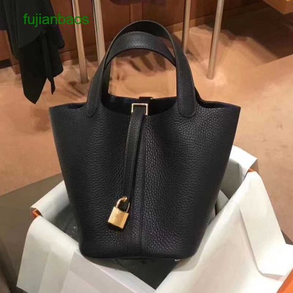 

hemres picotn handbags classic layer cowhide litchi grain vegetable basket bag entry-level togo leather bucket new type handbag, Black