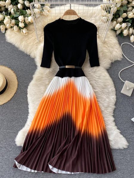 

dresses elegant party dress women spring summer vintage half sleeve patchwork pleated dresses woman a line knitted long robe, Black;gray