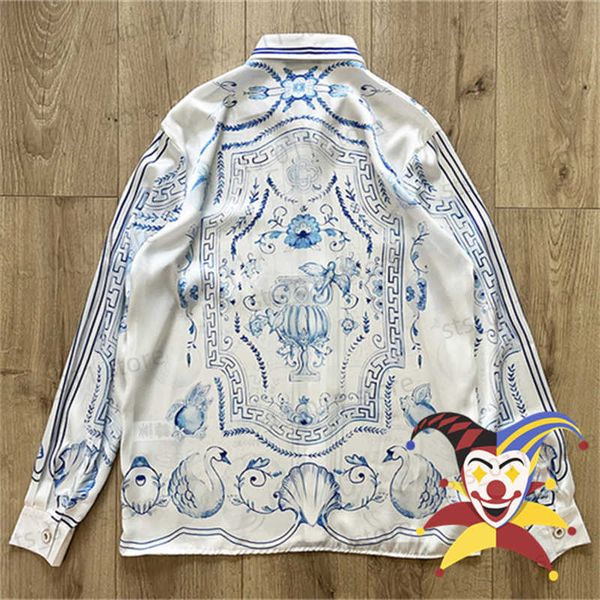 

men's casual shirts long sleeve porcelain swan casablanca shirt men women summer style hawaii beach silk shirts t230419, White;black