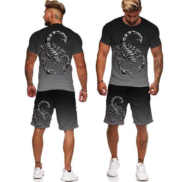 

tracksuits summer oversized men's sportwear suit 3d scorpion print t-shirt/shorts/ casual wear fitness sports 2pc sets men's track, Gray