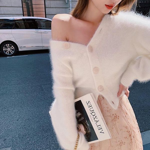 

sweaters 2021 autumn and winter mink sweater coat female japan and south korea light mature style soft waxy short mohair knitted cardigan, White;black