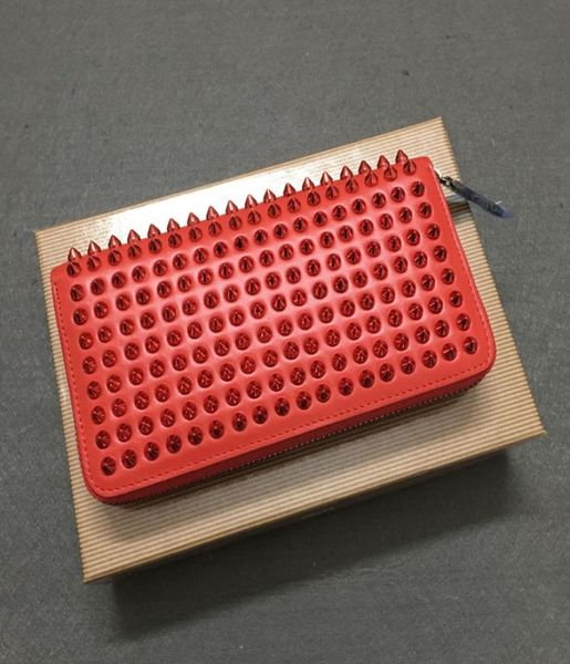 

long style panelled spiked clutch women men wallets patent real leather rivets party clutches bags purses with spikes bag3435018, Red;black