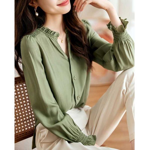 

new style women's elegant thin v-neck shirt in spring 2023 wide-waisted long sleeve, White