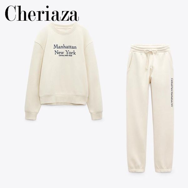 

pants cheriaza autumn winter woman embroidered sweatshirt beige long sleeve round neck pullover casual sudaderas female tracksuits, White