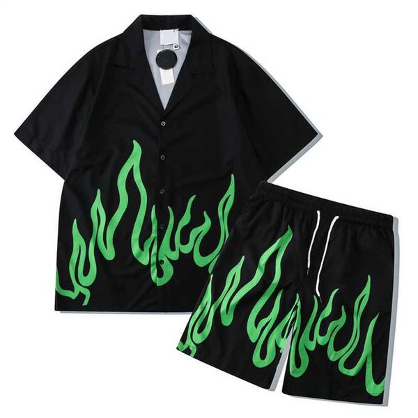

tracksuits mens shorts beach set green flame print loose hawaiian shirts and shorts 2 piece set summer male casual on vacation outfit sets, Gray